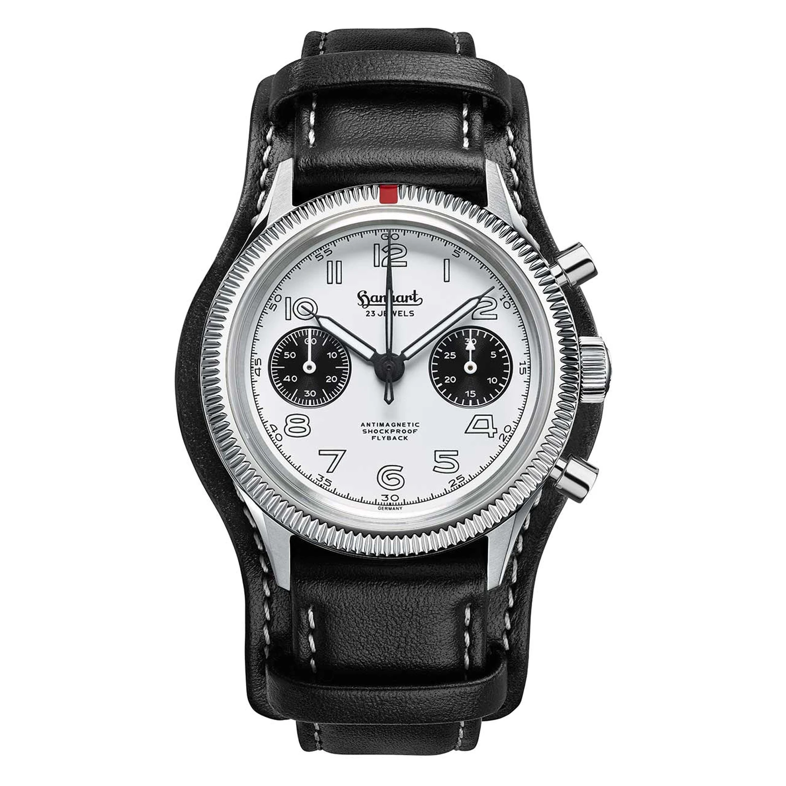 Hanhart 417 ES 1954 Flyback Panda 39 mm Leather Strap Black Men's Watch H701.201-7010