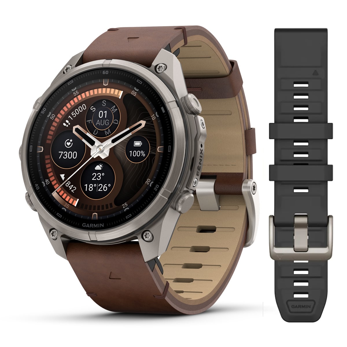 Garmin fēnix® 9 Pro inReach® - 47 mm AMOLED Sapphire Titanium with Walnut Leather Band + Pebble Gray/Silver Gray Silicone Band 010-04336-41