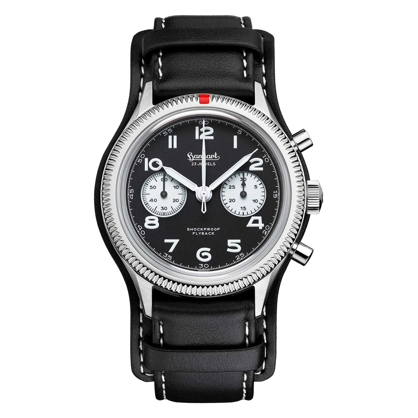 Hanhart 417 ES Flyback Reverse Panda 42 mm Leather Strap Black Men's Watch H721.211-7010
