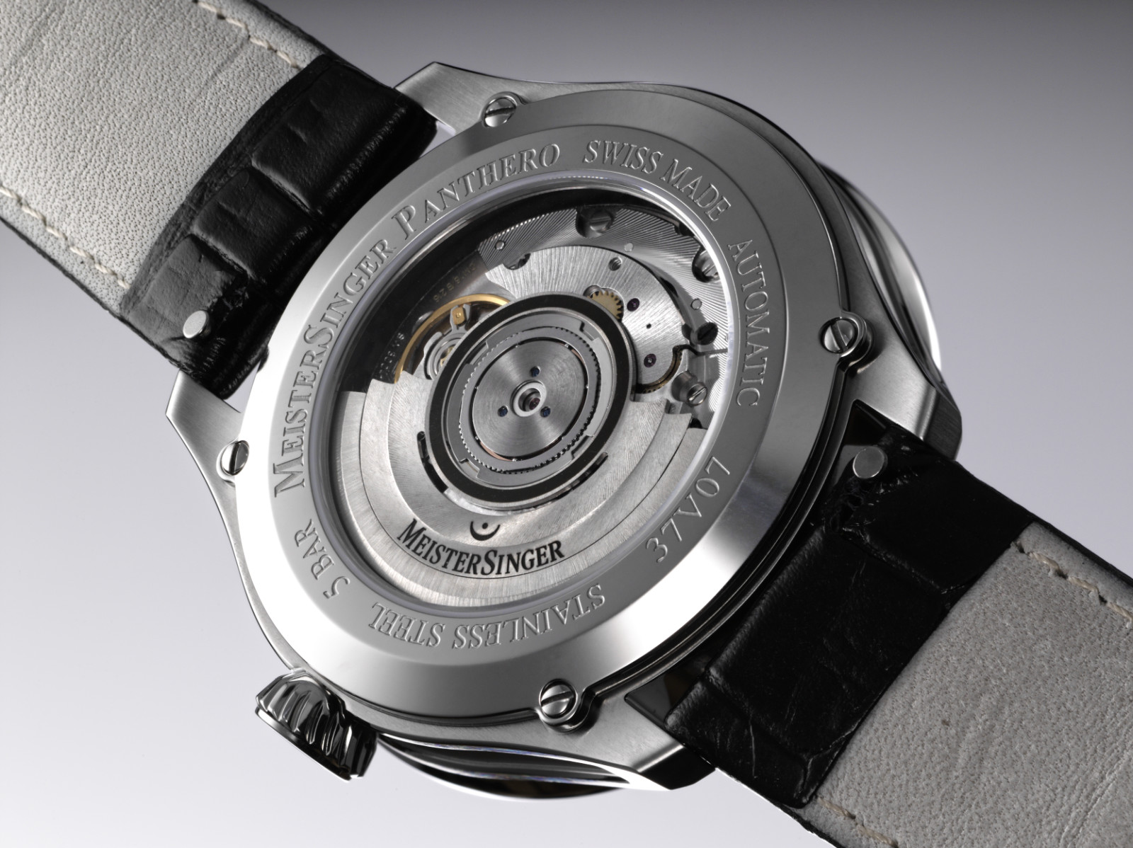 Meister Singer Panthero Jumping Hour - Black, automatic movement, cowhide leather with crocodile embossing, glossy black ladies' watch PTJH902