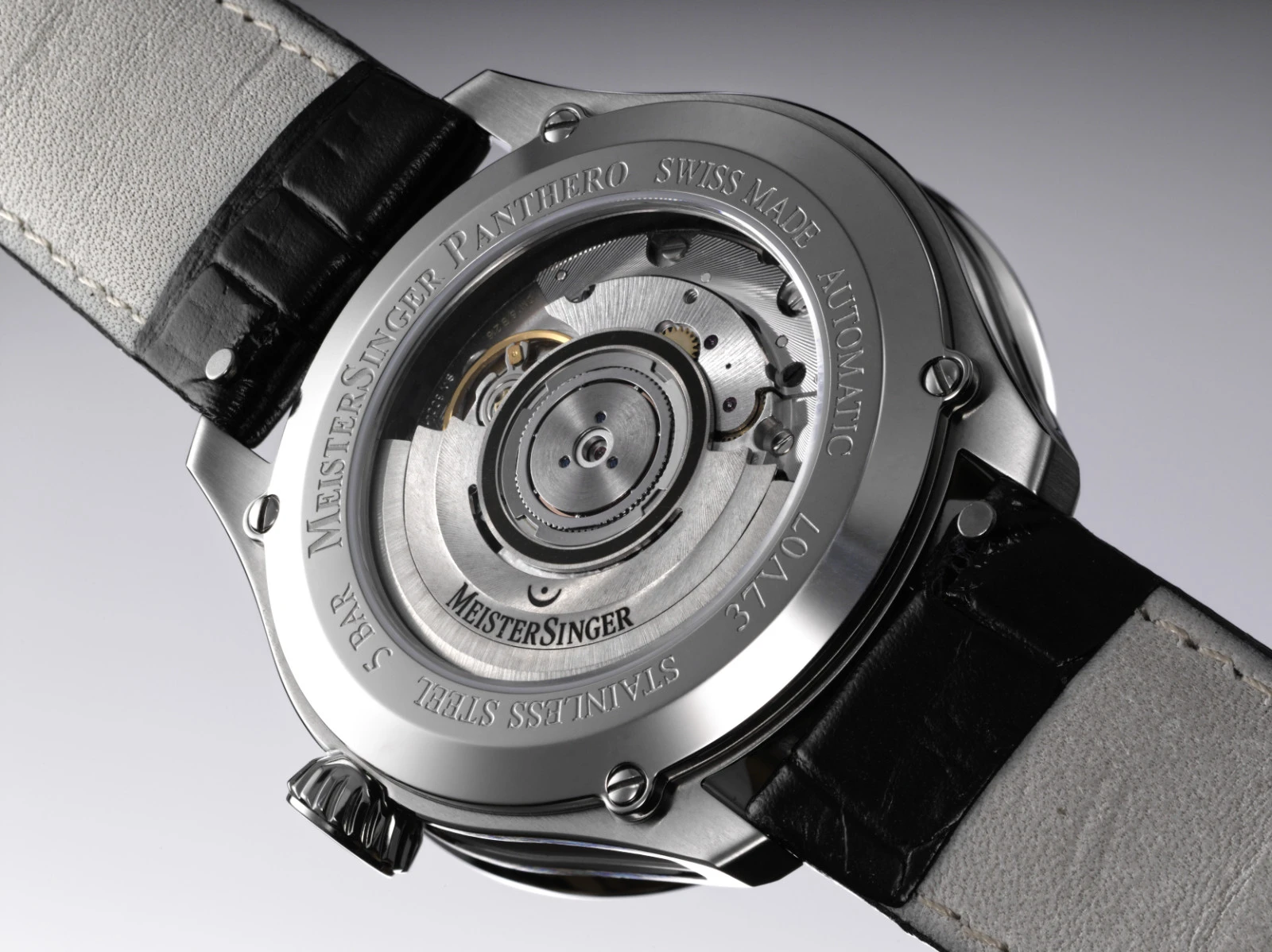Meister Singer Panthero Jumping Hour - Black, automatic movement, cowhide leather with crocodile embossing, glossy black ladies' watch PTJH902