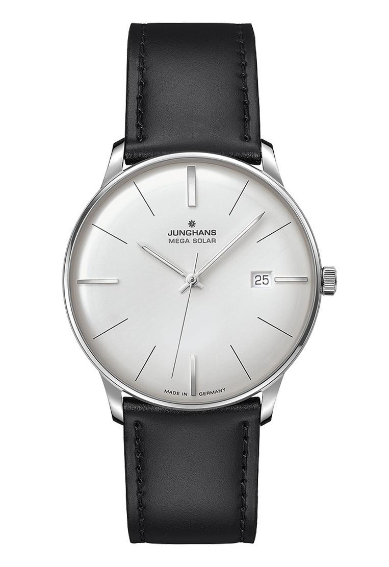 Junghans Meister Mega Solar, black leather strap with pin buckle, radio-controlled solar movement men's watch 59/4603.02