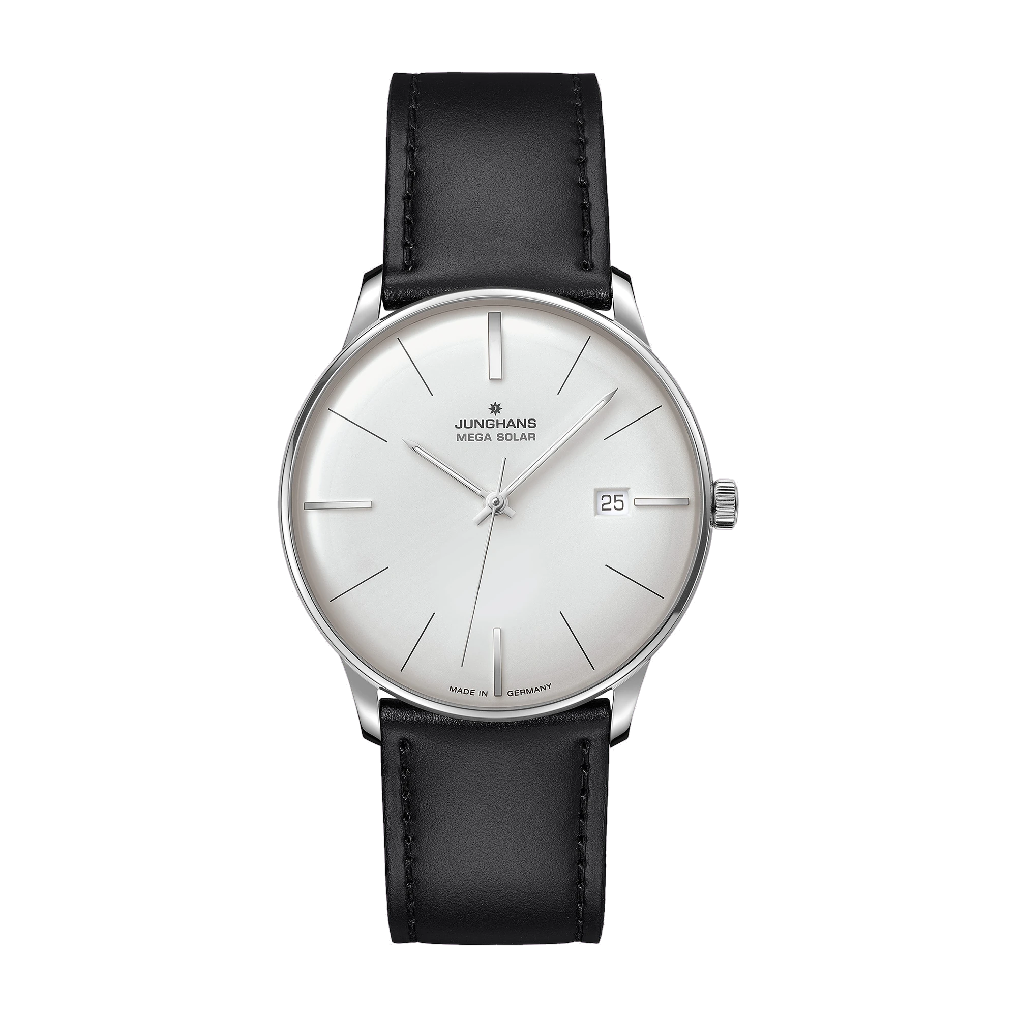 Junghans Meister Mega Solar, black leather strap with pin buckle, radio-controlled solar movement men's watch 59/4603.02