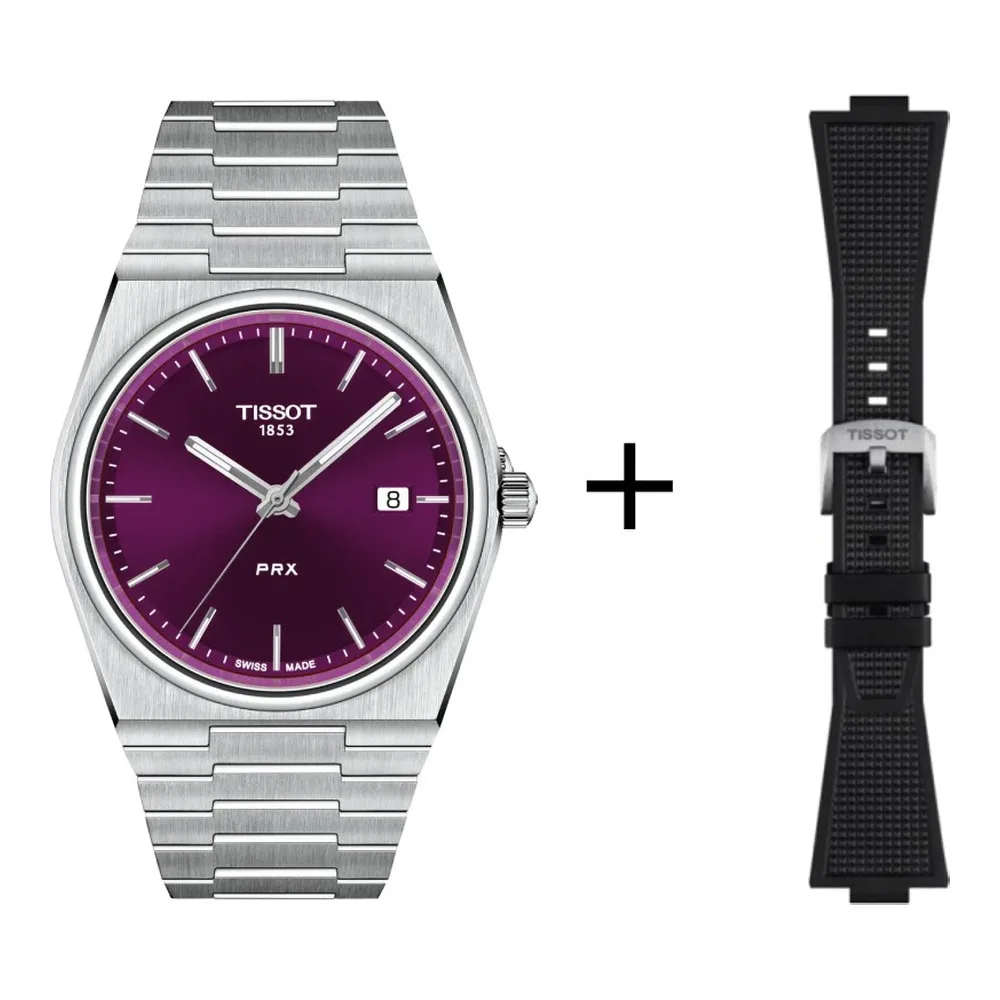 Tissot PRX 40mm purple, quartz movement, stainless steel, sapphire crystal men's watch T137.410.11.401.00 set with black rubber strap