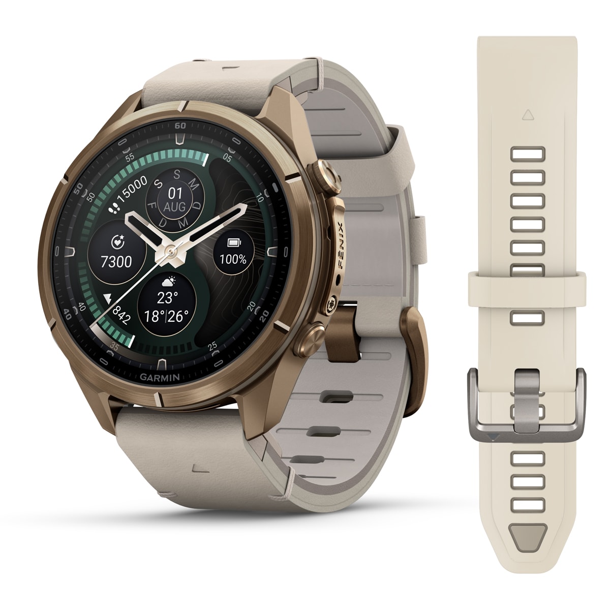Garmin fēnix® 9 Pro inReach® - 43 mm AMOLED Sapphire Autumn Gold Titanium with Bone Leather Band + Cream/French Gray Silicone Band 010-04335-41