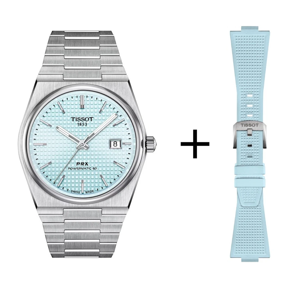 Tissot PRX Powermatic 80 light blue Ice Blue men's watch T137.407.11.351.00 set with light blue rubber