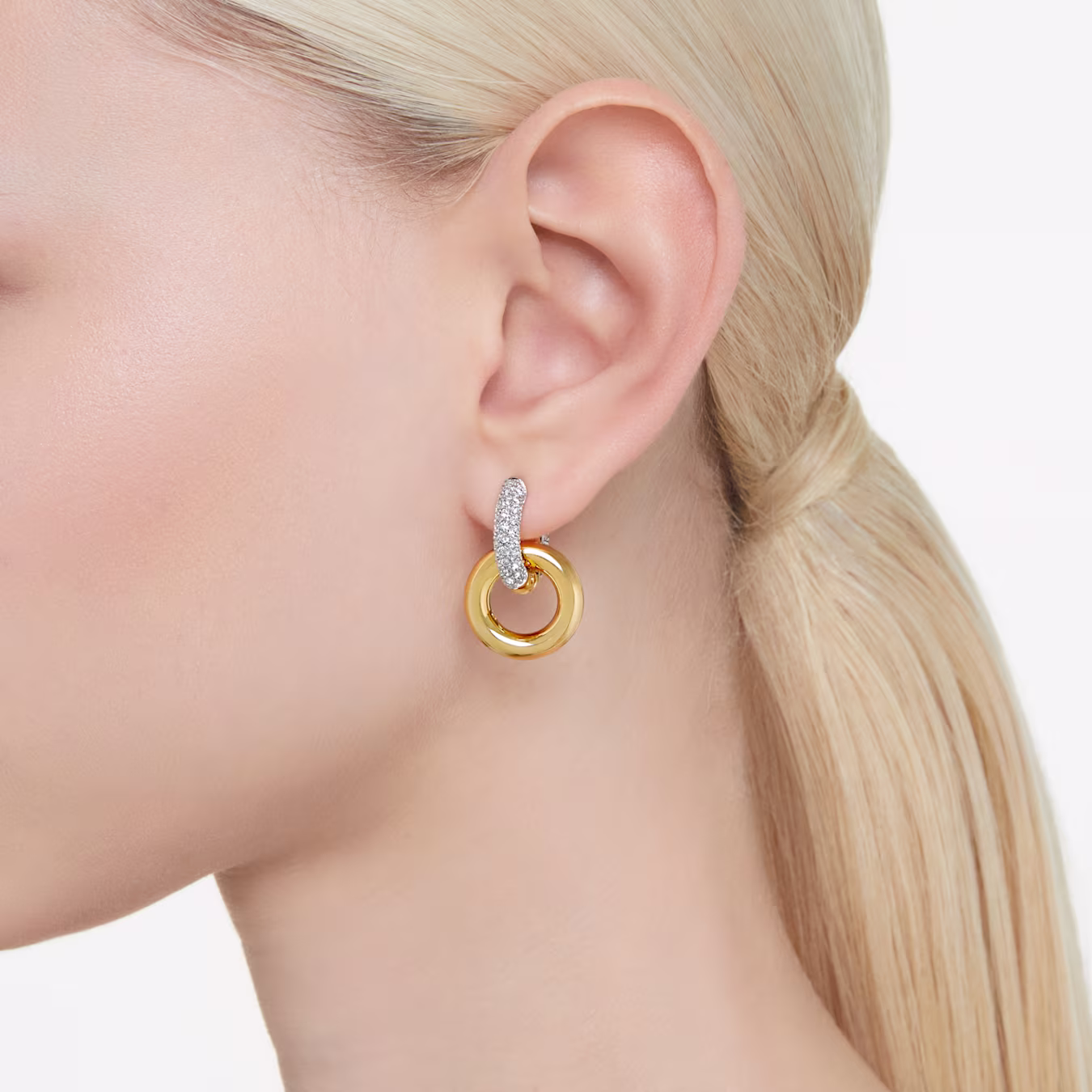Swarovski Dextera hoop earrings, earrings, asymmetrical design, intertwined band, white, gold alloy layer