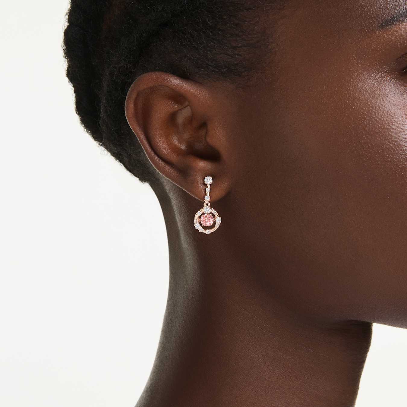 Swarovski Constella Drop Earrings, Round Cut, Dancing Stone, Pink, Rose Gold Alloy Layer