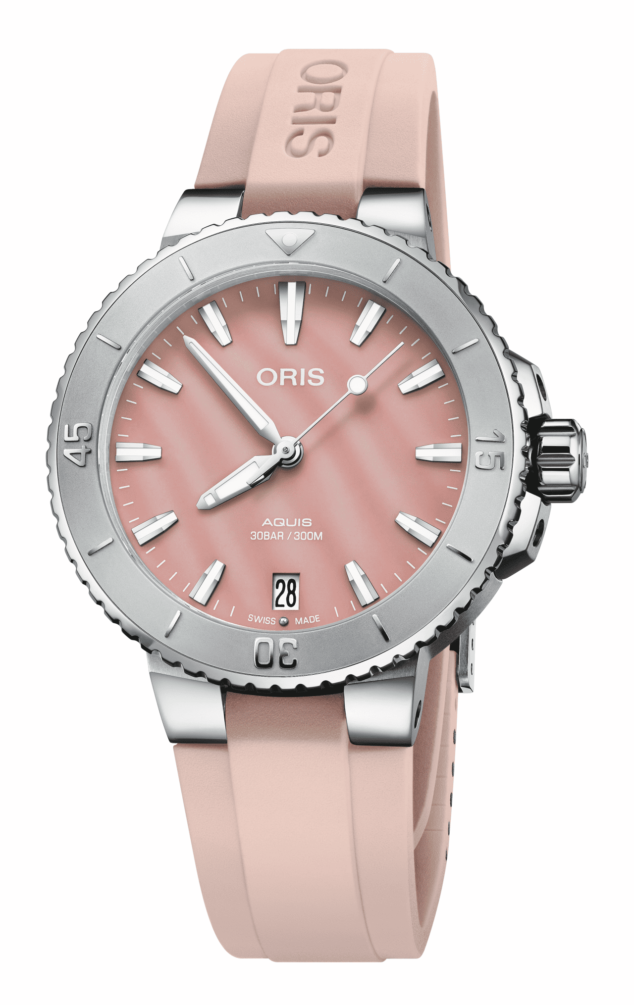 Oris Aquis Date 36.5mm, bezel with minute scale, rubber strap, mother-of-pearl red ladies' watch 01 733 7770 4158-07 4 18 66FC