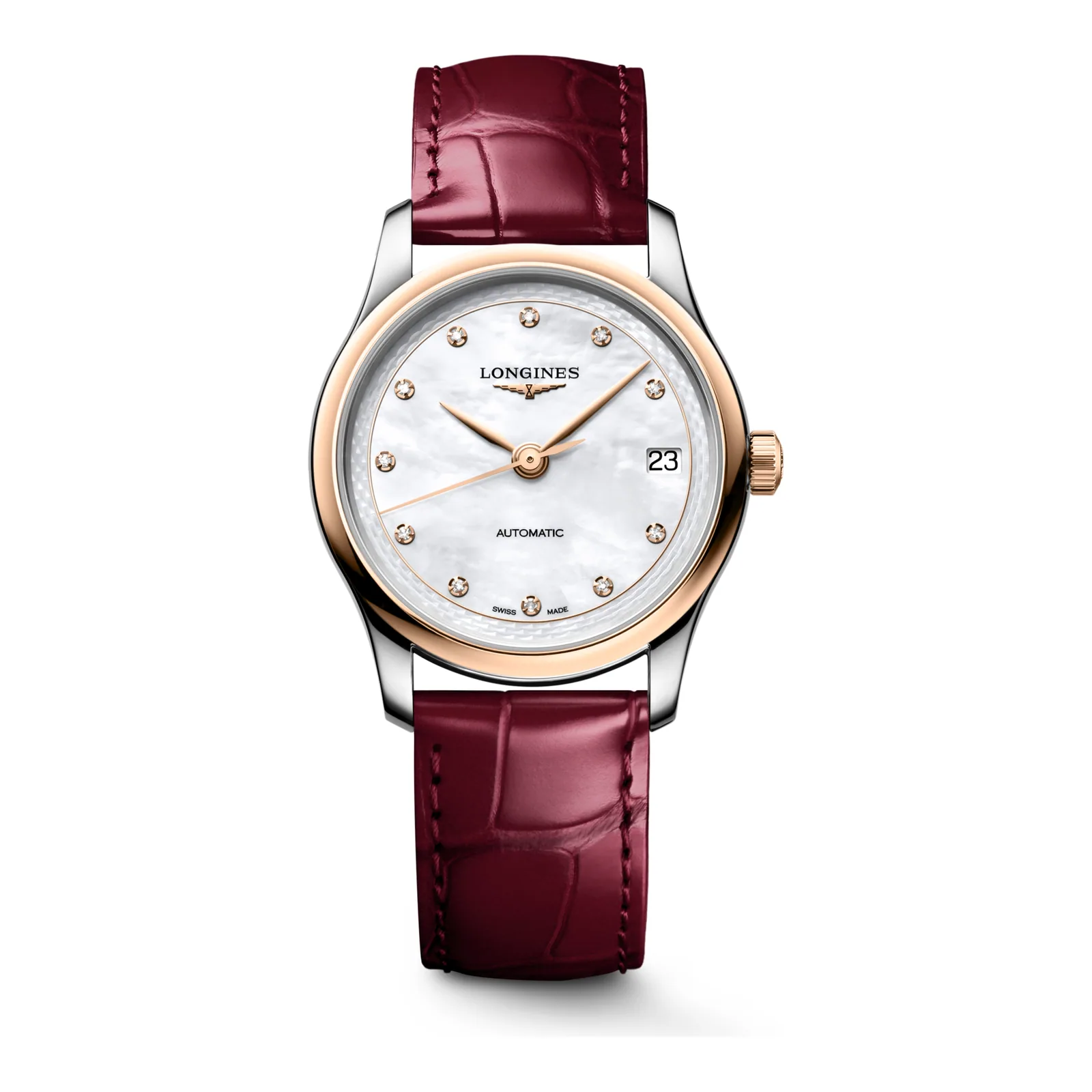 Longines Master Collection Perlmutt Diamanten Two Tone Rose Gold burgundy leather strap 34 mm Women’s Watch L2.450.5.89.2