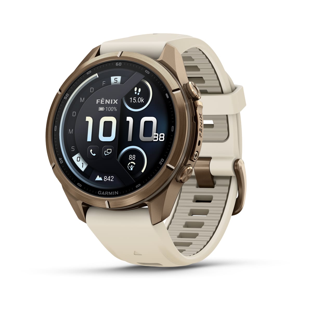 Garmin fēnix® 9 Pro inReach® - 43 mm AMOLED Sapphire Autumn Gold Titanium with Cream/French Gray Silicone Band 010-04335-21
