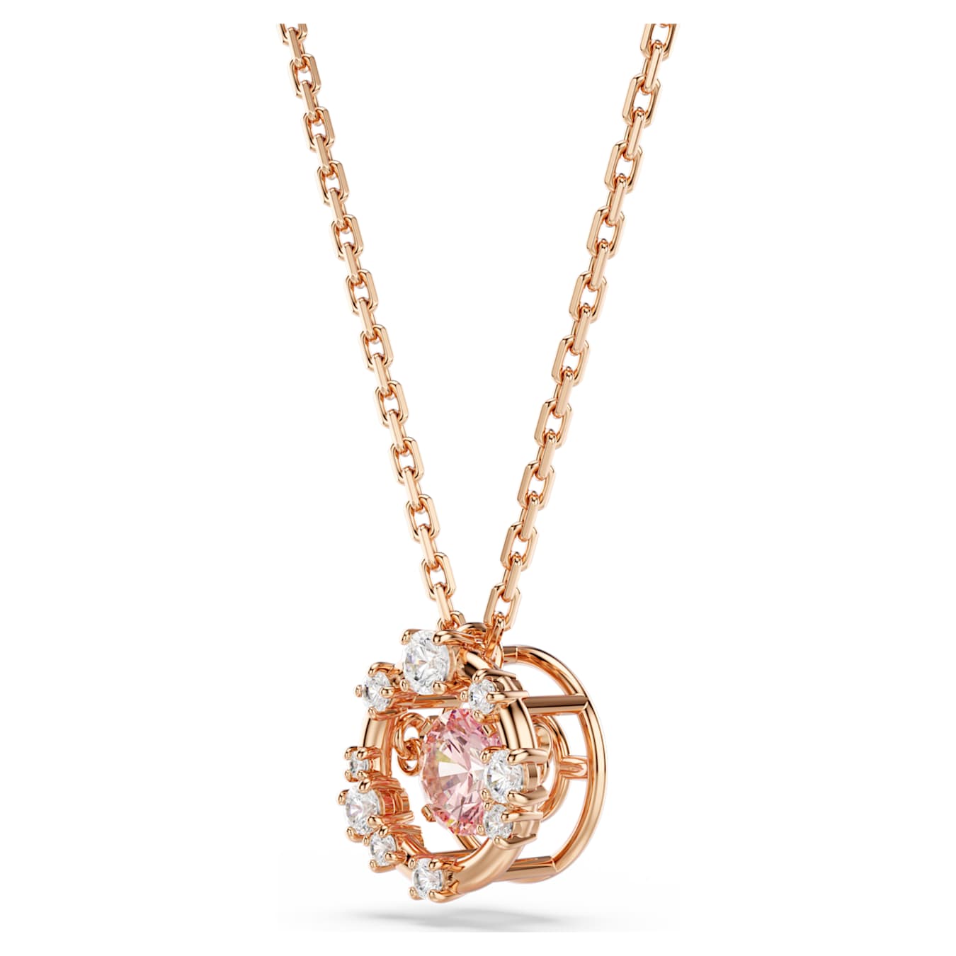 Swarovski Constella pendant, round cut, Dancing Stone, pink, rose gold alloy layer