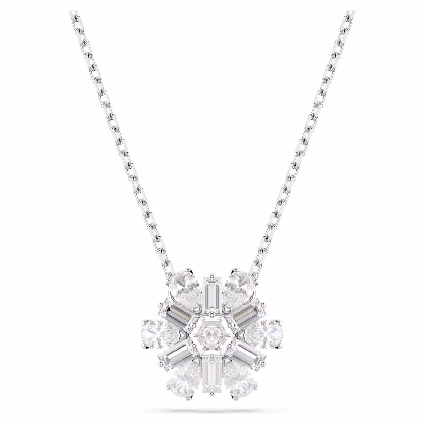 Swarovski Idyllia Pendant, Various Cuts, Snowflake, White, Rhodium Plated