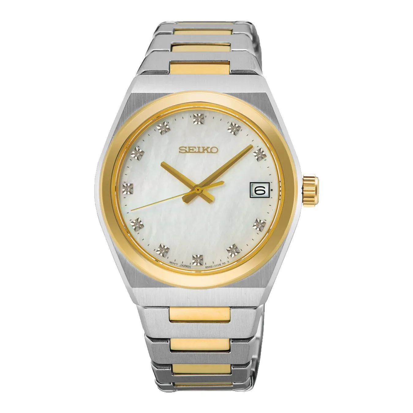 Seiko Classic Mother of Pearl Diamond Quartz 34 mm Gold Tone Ladies Watch SUR604P1