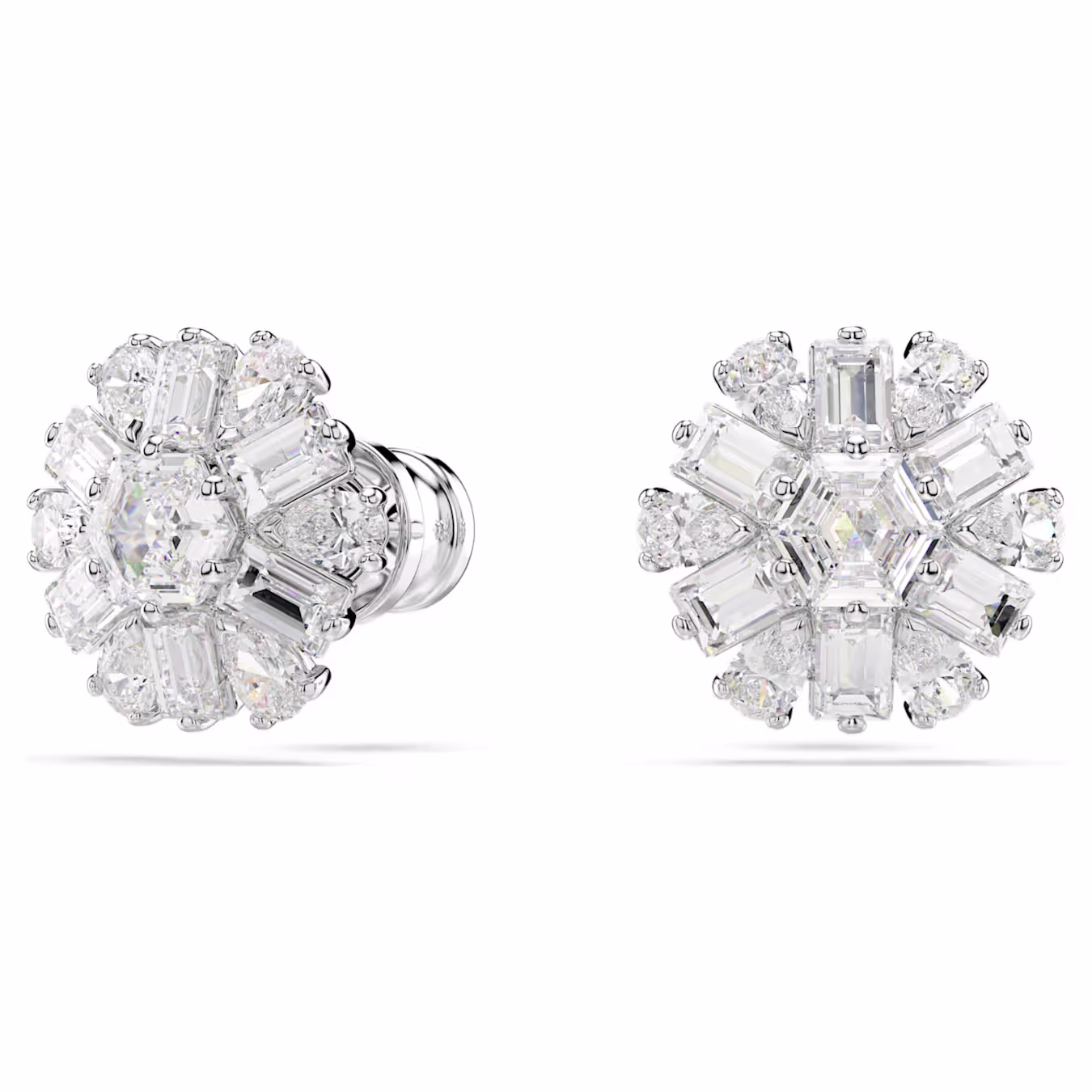 Swarovski Idyllia stud earrings, various cuts, snowflake, white, rhodium-plated