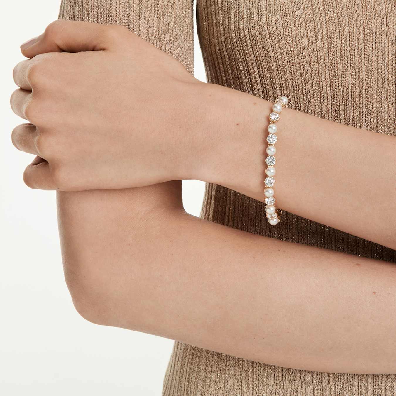 Swarovski Matrix Tennis Bracelet Crystal Bead, Round Cut, White, Gold Alloy Layer