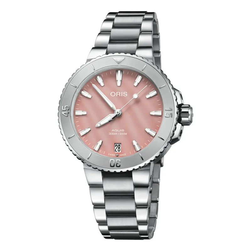 Oris Aquis Date 36.5mm, multi-piece stainless steel case, red mother-of-pearl ladies' watch 01 733 7770 4158-07 8 18 05P