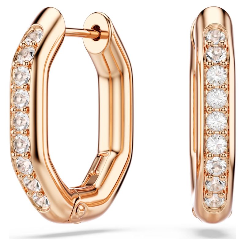 Swarovski Dextera hoop earrings, octagonal shape, round cut, small, white, rose gold alloy layer