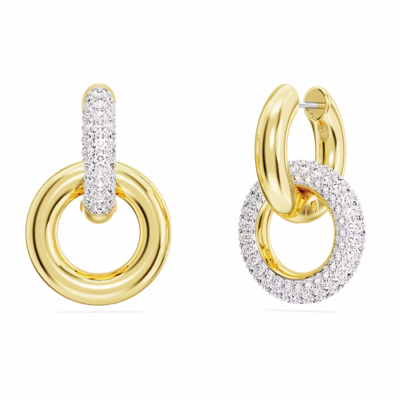 Swarovski Dextera hoop earrings, earrings, asymmetrical design, intertwined band, white, gold alloy layer