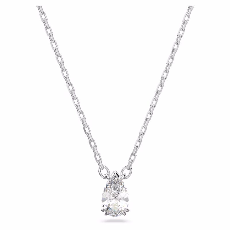 Swarovski Stilla pendant, teardrop cut, necklace, white, rhodium-plated