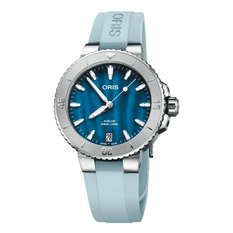 Oris Aquis Date 36.5mm, bezel with minute scale, rubber strap, mother-of-pearl blue ladies' watch 01 733 7770 4155-07 4 18 65FC
