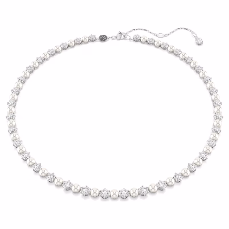 Swarovski Matrix Tennis necklace, crystal pearl, round cut, white, rhodium-plated
