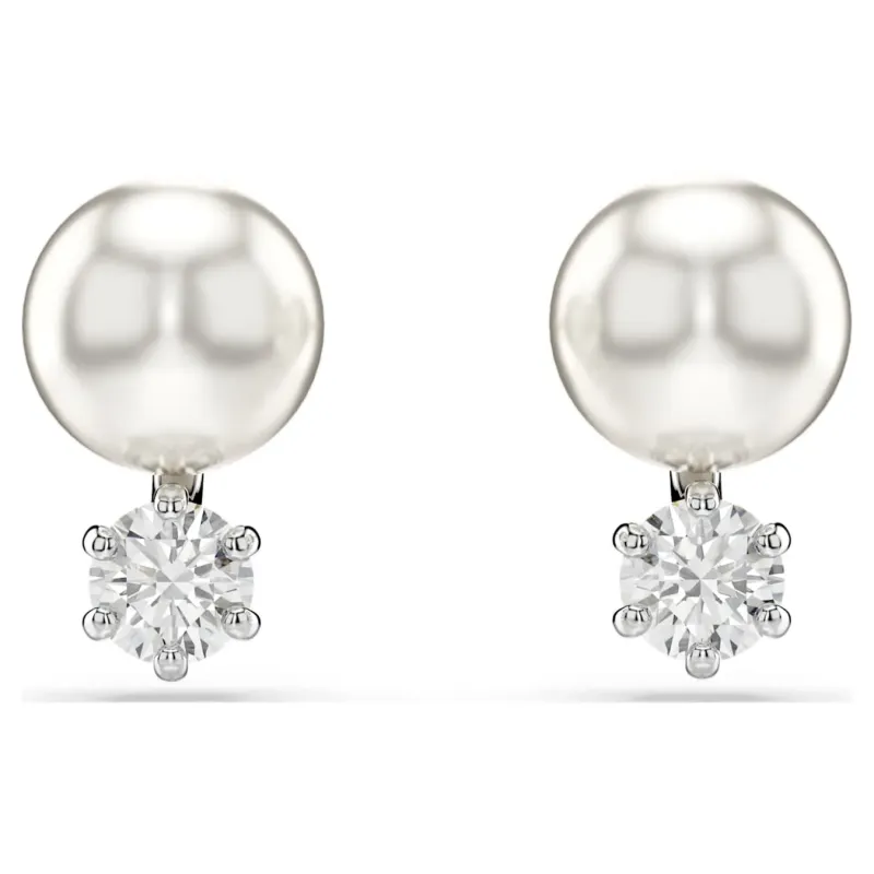Swarovski Matrix stud earrings, crystal pearl, round cut, white, rhodium-plated