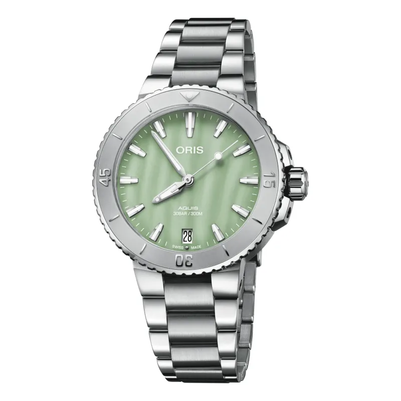 Oris Aquis Date 36.5mm Multi-piece stainless steel case, green mother-of-pearl ladies' watch 01 733 7770 4157-07 8 18 05P