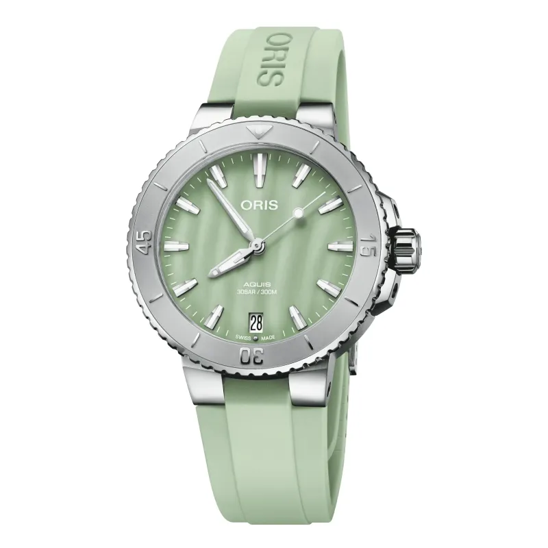 Oris Aquis Date 36.5mm, bezel with minute scale, rubber strap, mother-of-pearl green ladies' watch 01 733 7770 4157-07 4 18 67FC
