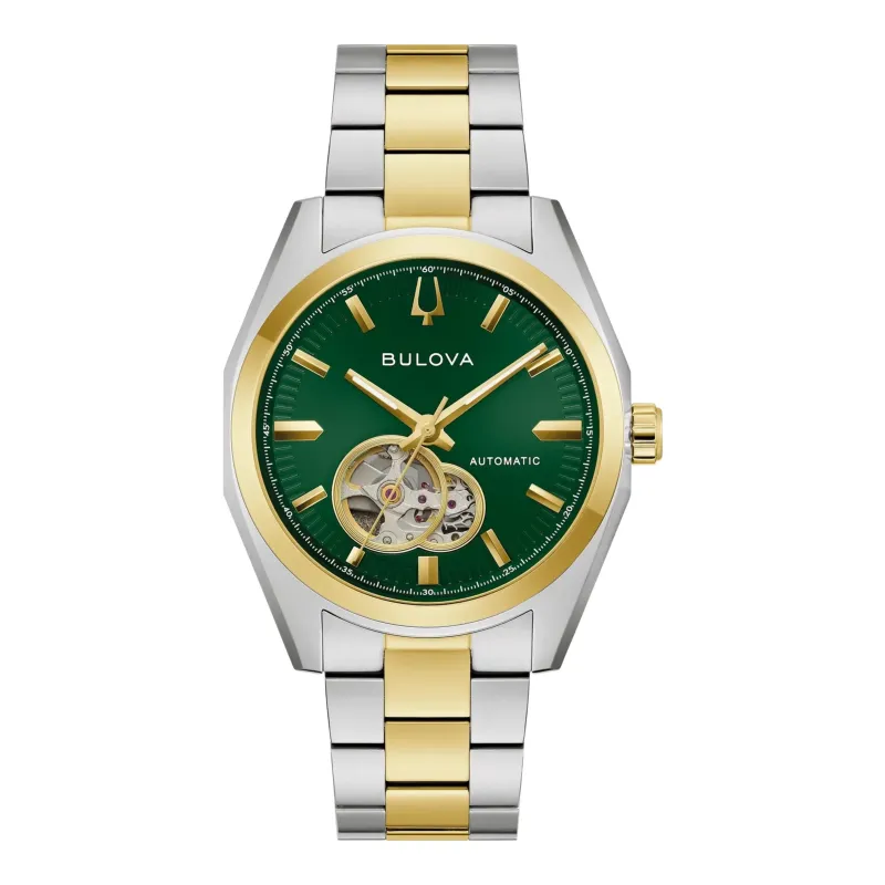 Bulova Surveyor Automatic Open Heart Two Tone Green Men's Watch 98A338