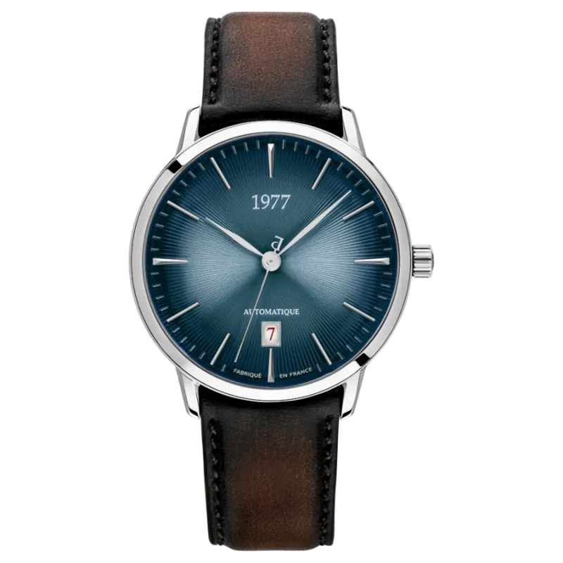 1977 EDMOND Automatik, 40 mm, Zifferblatt Blau, Lederband Braun, Men's Watch 1977P01164