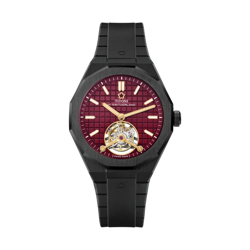 Titoni Impetus CeramTech Tourbillon Burgundy Red Mens Watch 1000 Z-R-742