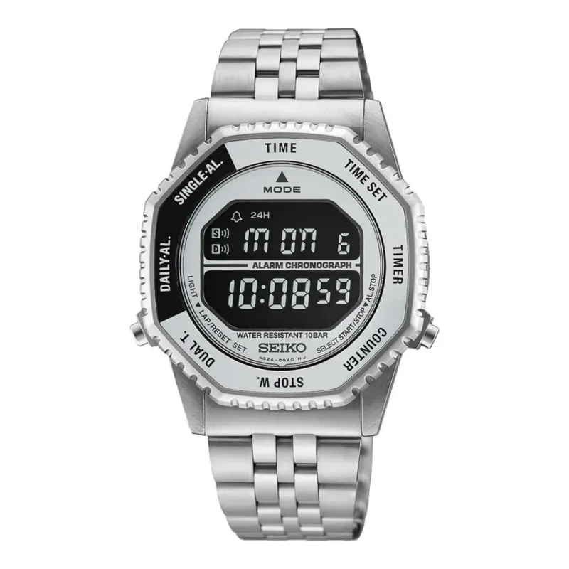Seiko Digital Alarm Chronograph 37 mm Stainless Steel Black Mens Watch HFL002P1