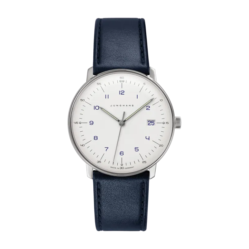 Junghans max bill Quartz Steel Blue Leather Strap Mens Watch 41/4668.02