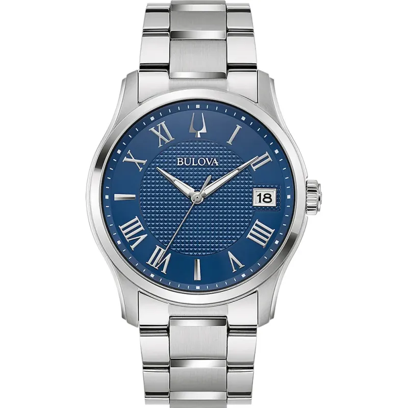Bulova Wilton Analog Quartz Movement, Stainless Steel Band, Blue Men's Watch 96B386
