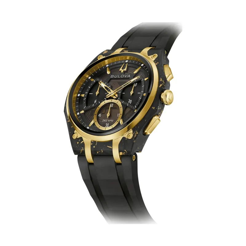 Bulova Curv Chronograph Black Gold Rubber Strap Mens Watch 98A328