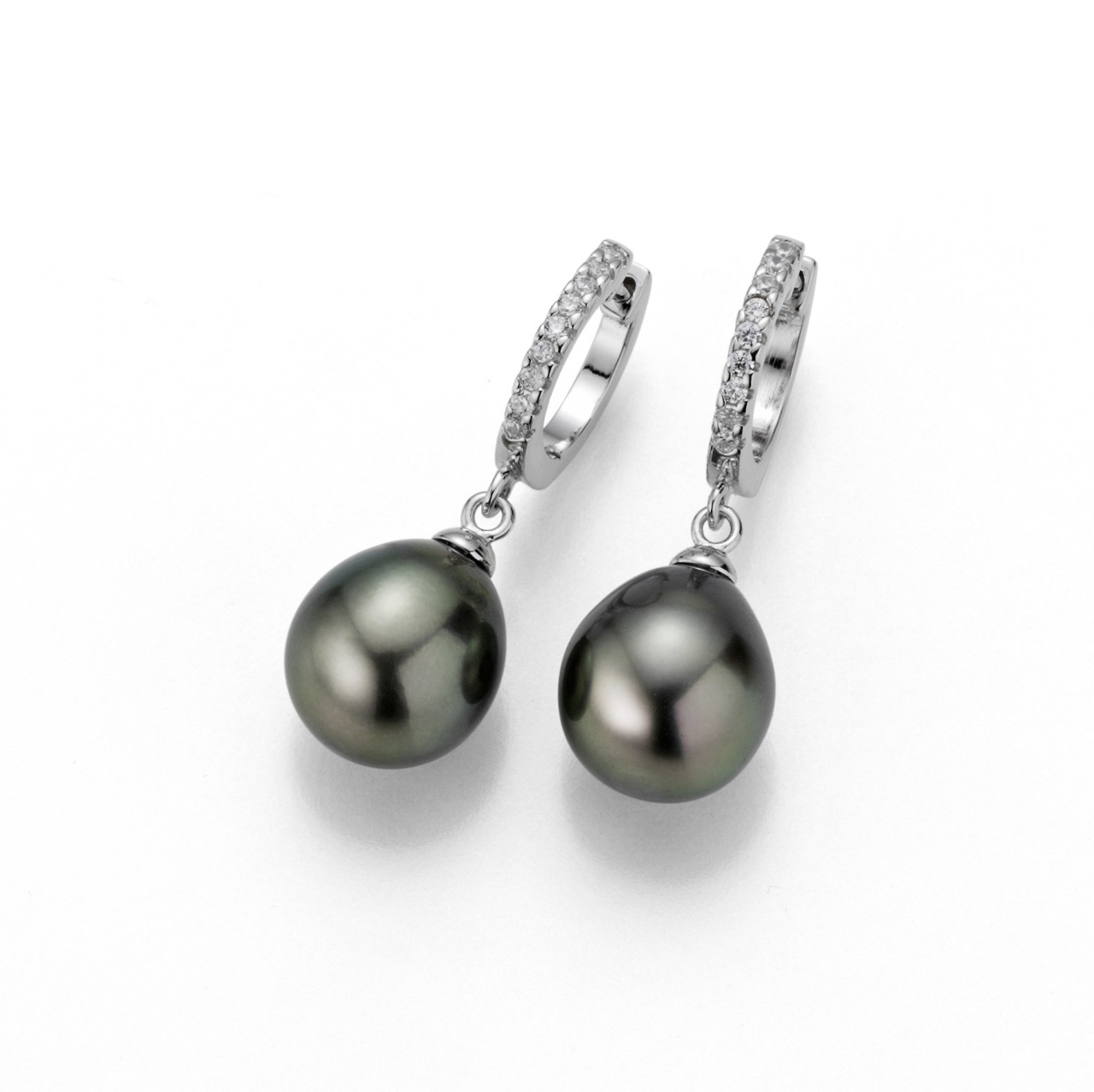 Adriana hoop earrings with black Tahitian pearls and zirconia stones I36