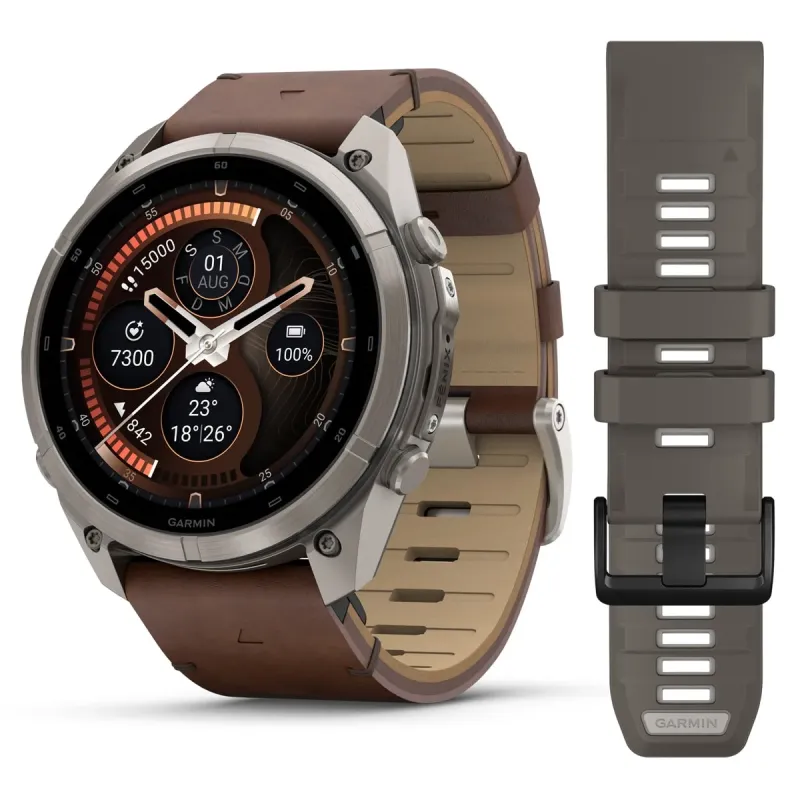 Garmin fēnix® 9 Pro inReach® - 51 mm AMOLED Sapphire Titanium with Walnut Leather Band + Pebble Gray/Silver Gray Silicone Band 010-04337-41