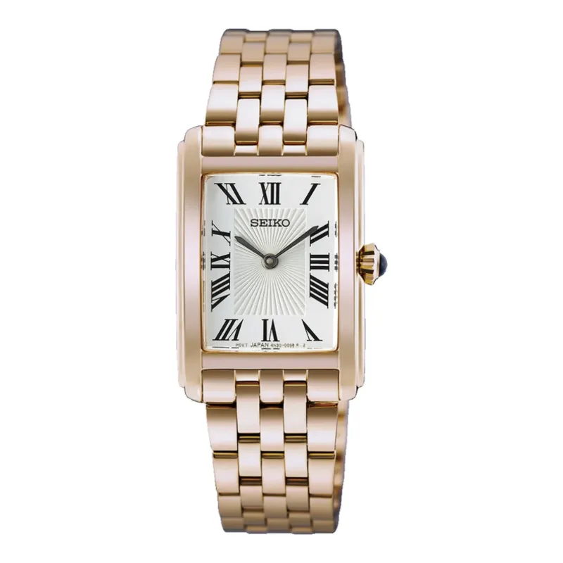 Seiko Classic Rectangular Quartz 22 mm Rose Gold Tone White Ladies Watch HGG002P1