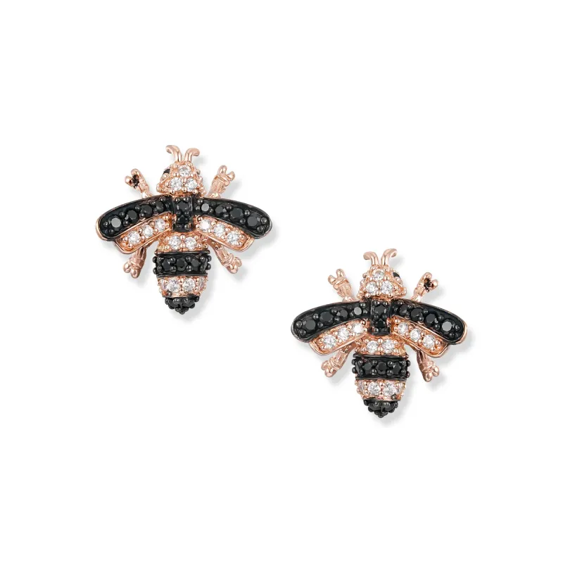 At the time, Misty Bee stud earrings, 18K rose gold plated with black cubic zirconia
