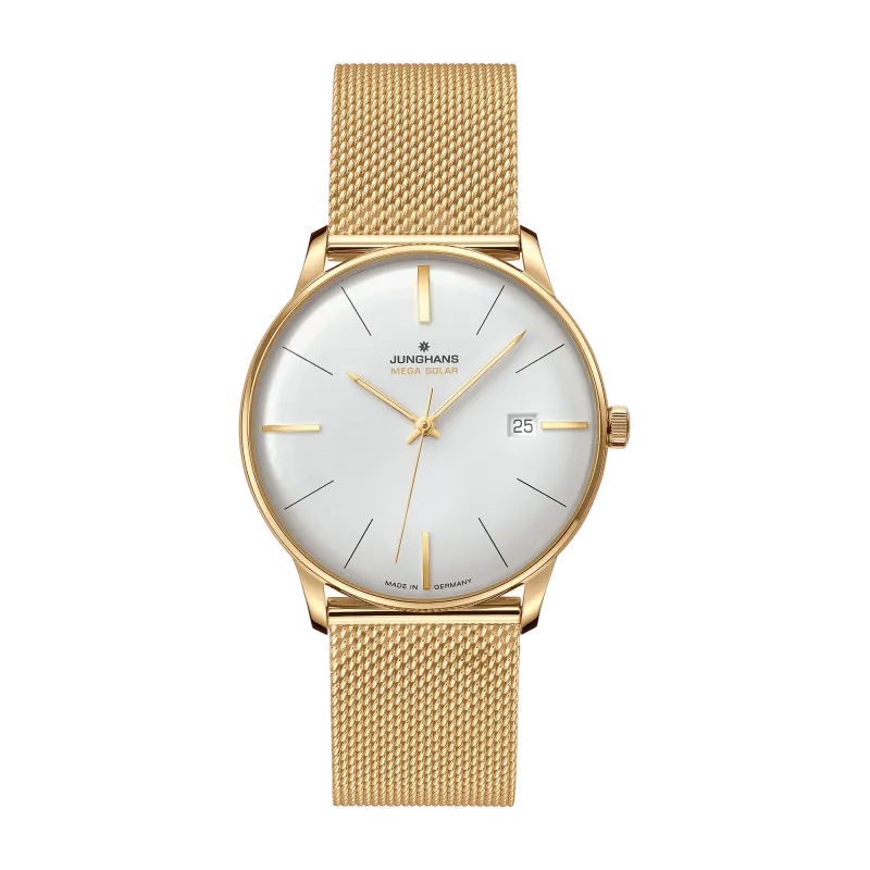 Junghans Meister MEGA Solar, radio-controlled solar movement, 38 mm, Milanese bracelet gold men's watch 59/7600.46