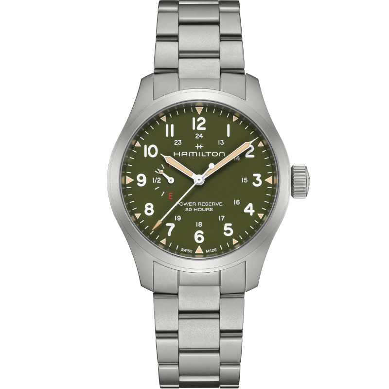 Hamilton Khaki Field Power Reserve Hand Winding Green Steel Bracelet Mens Watch H69509160