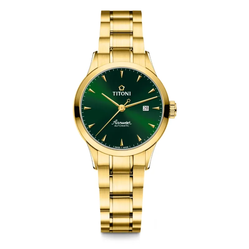 Titoni Airmaster Automatic Yellow Gold, Green Ladies Watch 23733G-673