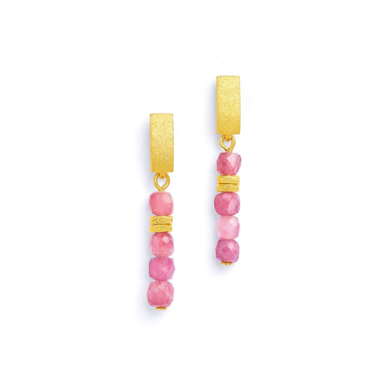 Bernd Wolf earrings Fabella design line Cubes, pink tourmaline, 24-karat gold plated