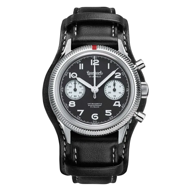 Hanhart 417 ES 1954 Flyback Reverse Panda 39 mm Leather Strap Black Men's Watch H701.211-7010