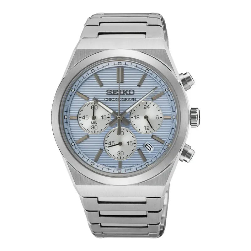 Seiko Chronograph Quartz 40 mm Steel Bracelet Hellblau Mens Watch SSB459P1