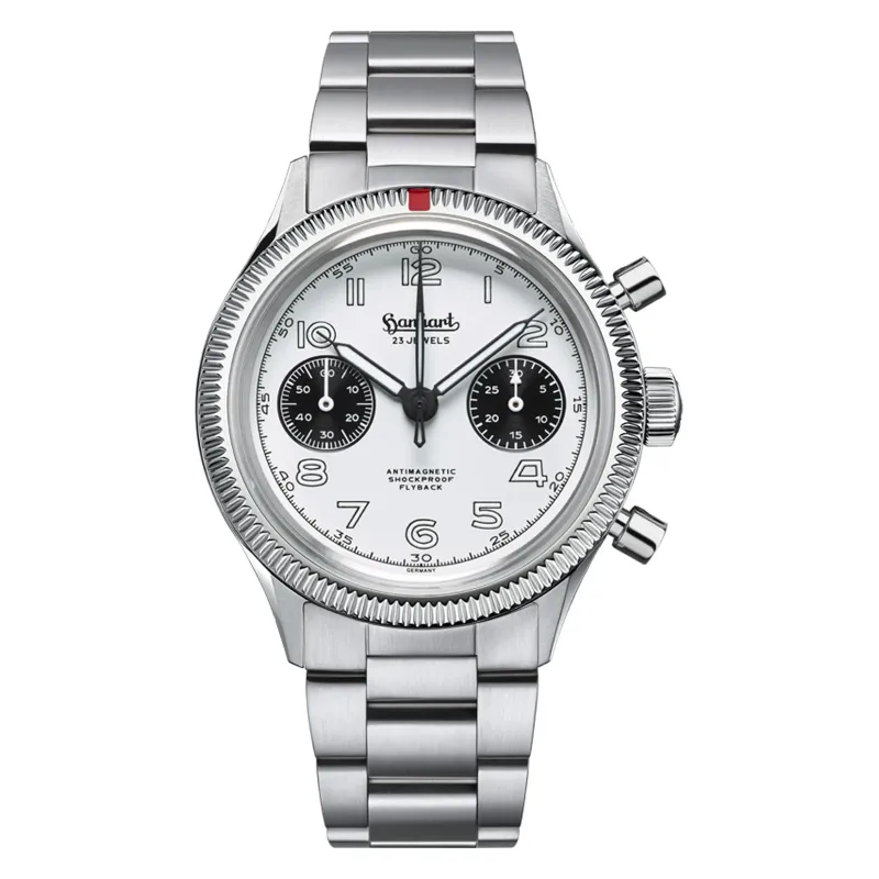 Hanhart 417 ES 1954 Flyback Panda 39 mm Steel Bracelet Silver Men's Watch H701.201-6428