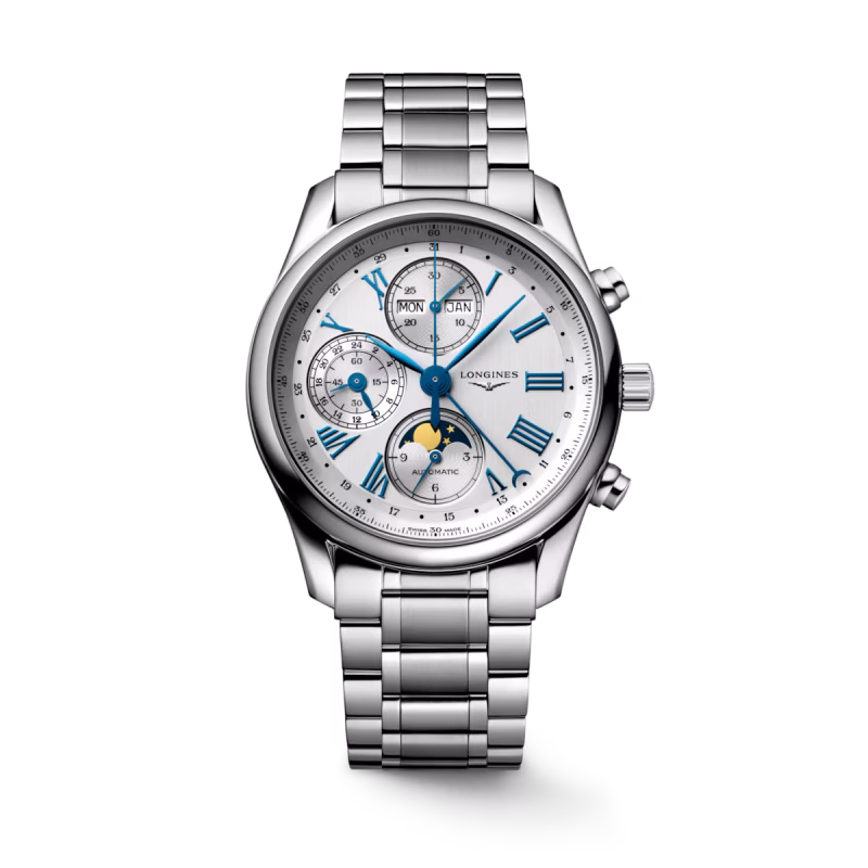 Longines Master Collection Chronograph Moon Phase Stainless Steel Bracelet Silver Men's Watch L2.673.4.71.6