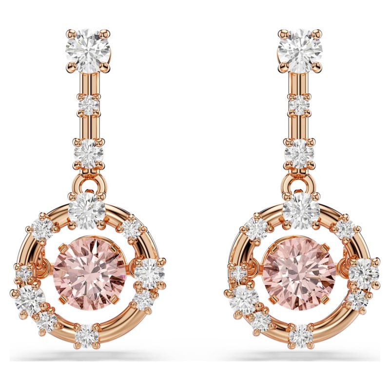 Swarovski Constella Drop Earrings, Round Cut, Dancing Stone, Pink, Rose Gold Alloy Layer