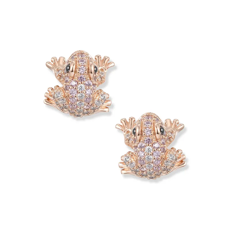At the time, Louisa frog stud earrings, rose gold plated, with white and delicate pink cubic zirconia